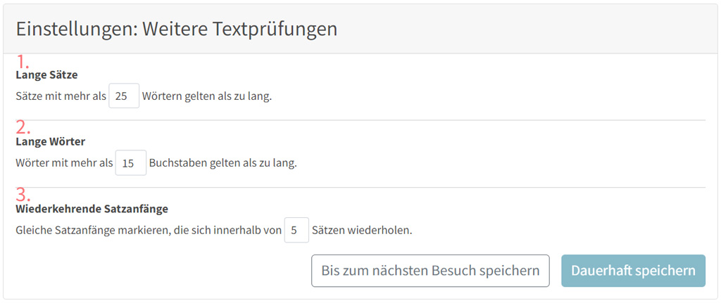 Einstellungen im Bereich Weitere Textprüfungen des Stilchecks für Texte