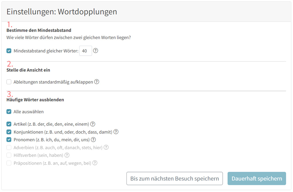 Einstellungen im Bereich Wortdopplungen des Stilchecks für Texte