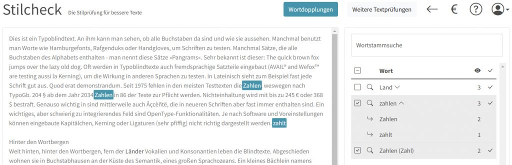 Pipezeichen (gerader Strich) in der Wortdopplungsliste des Stilcheck