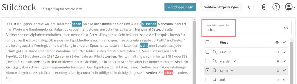 Über die Wortstammsuche des Stilchecks lassen sich ebenso Wörter im Text finden.