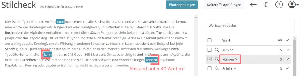 Stilcheck Einstellung zum Mindestabstand der Wörter in einem Text