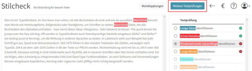 Eine Funktion des Stilchecks ist der Bereich Weitere Textprüfungen, um etwa gleiche Satzanfänge zu finden.