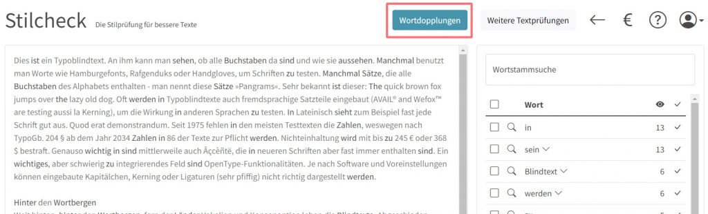 Eine Funktion des Stilchecks ist der Bereich Wortdopplungen, um sich Wortwiederholungen zu finden.