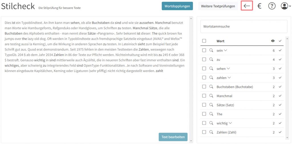 Text im Stilcheck bearbeiten und Einstellungen beibehalten über Zurückpfeil